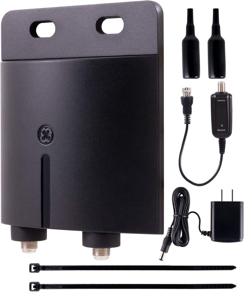 GE Pro Outdoor Antenna Amplifier,  Low Noise Antenna Signal Booster, Clears Up Pixelated Low-Strength Channels, Supports HD Smart TV VHF UHF – 42179