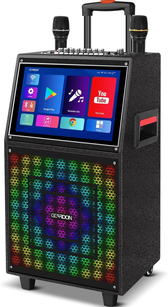 GEARDON Karaoke Machine with Lyrics Display Screen for Adults, Built-in 15 Inches Tablet  WiFi, Portable Bluetooth Speaker w/ 2 Rechargeable UHF Mics for Singing Party, Live Streaming Function