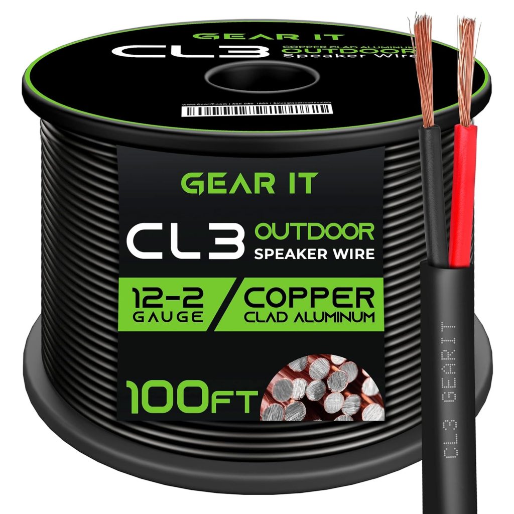 GearIT 12/2 Speaker Wire (100 Feet) 12 Gauge (Copper Clad Aluminum) - Outdoor Direct Burial in Ground/in Wall / CL3 CL2 Rated / 2 Conductors - CCA, Black 100ft