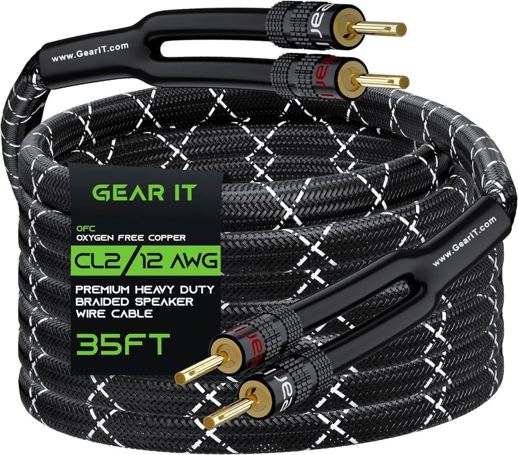GearIT 12AWG Speaker Cable Wire with Gold-Plated Banana Tip Plugs (10 Feet) in-Wall CL2 Rated, Heavy Duty Braided, 99.9% Oxygen-Free Copper (OFC) - Black, 10ft