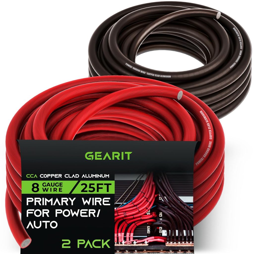 GearIT 8 Gauge Wire (25ft Each- Black/Red Translucent) Copper Clad Aluminum CCA - Primary Automotive Wire Power/Ground, Battery Cable, Car Audio Speaker, RV Trailer, Amp, Electrical 8ga AWG 25 Feet