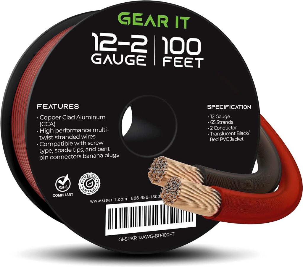 GearIT Pro Series 12 Gauge (2 x 4mm²) Speaker Wire Cable (30.4 Meters / 100 Feet/Black Red) CCA HiFi Audio Speaker Cable Great Use for Car Audio and Home Theater Surround Sound Systems