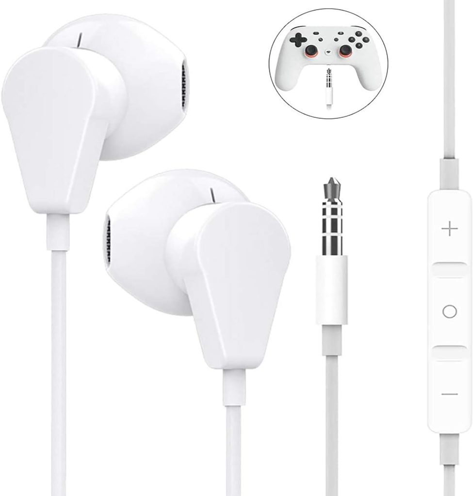 GEEKRIA 3.5mm Earbuds with Microphone, Compatible with PS4, Google Stadia, Luna, Xbox One, Laptop, PC, Smartphone, Gaming Headset with Microphone and Volume Control, Stereo Headset. (White)