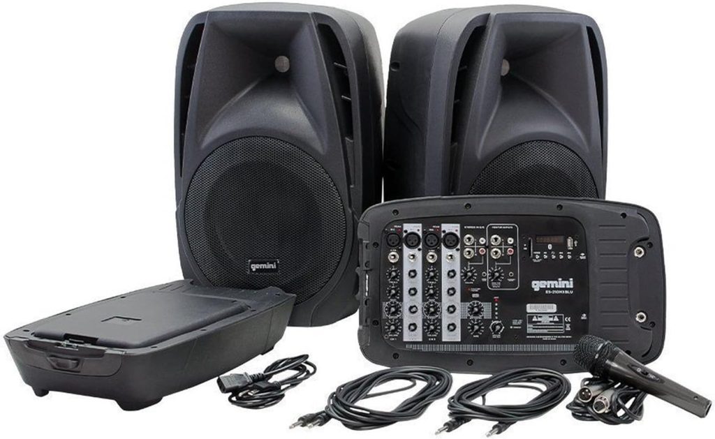 Gemini Sound ES-210MXBLU Portable Pro Audio Bluetooth 600 Watts PA System, Two 10 Woofer Speakers and Microphone Included, Detachable 8 Channel Mixer with 4 Line/Mic, USB and SD Inputs