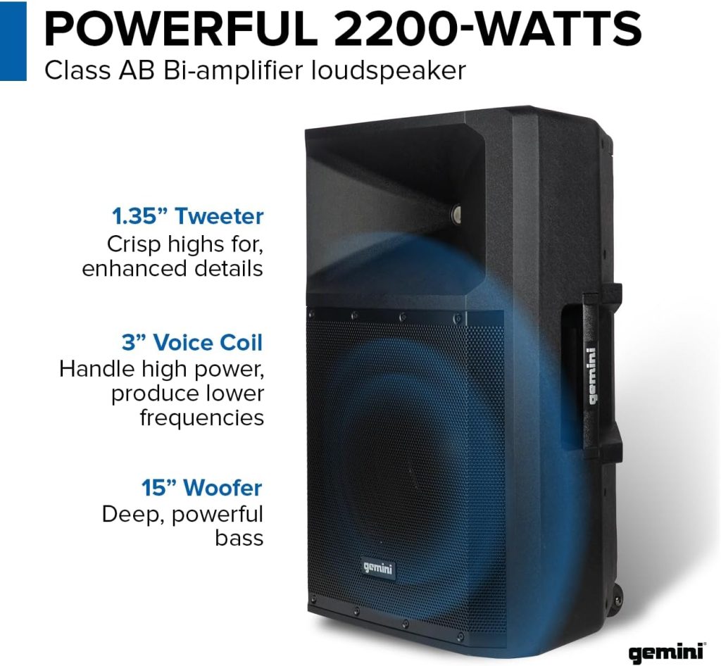 Gemini Sound GSP-2200 Pro Audio Indoor Outdoor Ultra Powerful DJ Bluetooth 2200W Watts Peak, 15 Inch Woofer, Rollable Trolley PA Speaker with Built in Media Player Mixer FM Radio Tuner, USB, SD Card