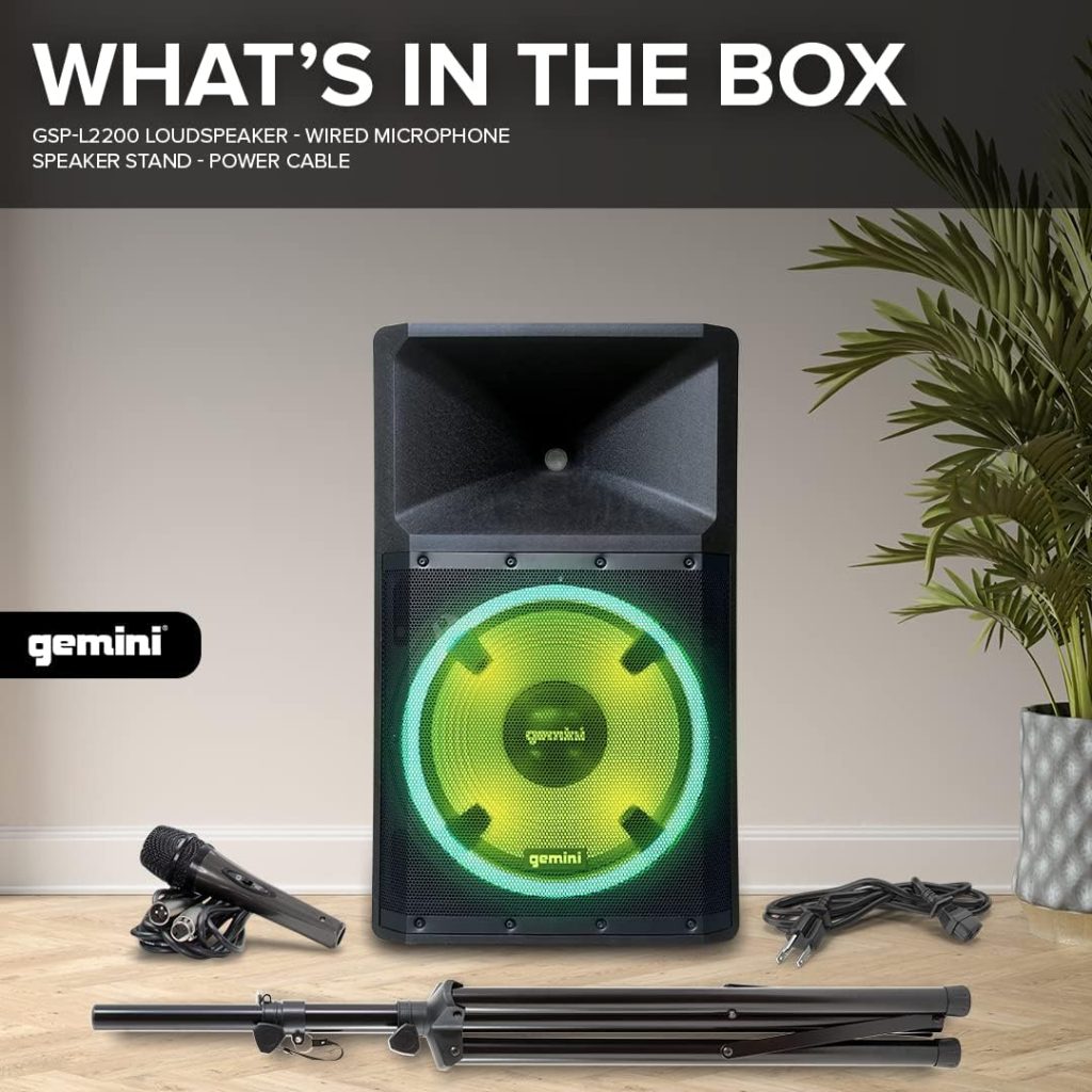 Gemini Sound GSP-L2200PK Indoor 2200 Watt Peak Bi-Amped Wired AC Powered Bluetooth DJ Speaker with 15 Inch Woofer, LED Party Lights, Built in Media Player, and Included Microphone and Speaker Stand