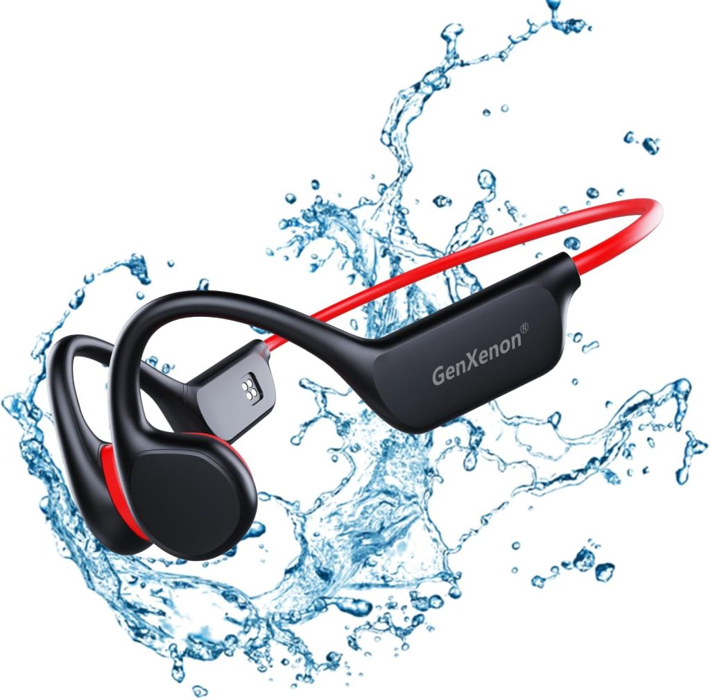 GenXenon Bone Conduction Headphones Bluetooth 5.3 Open Ear Wireless Running IPX8 Waterproof Underwater Swimming with Mic Built-in 32G MP3 for Workout(Black-red), X7-Blackred, X7-Swim-blackred
