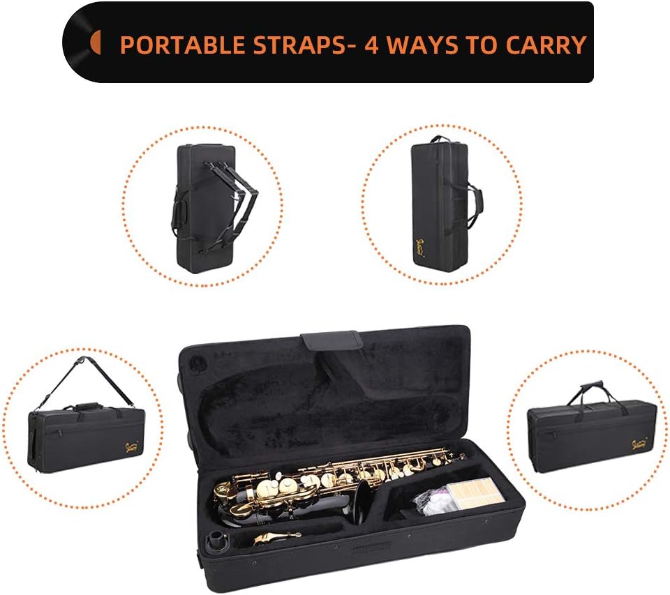 Glarry Student Alto Eb E-flat SAX Saxophone Gold Lacquer SAX Beginners Kit with Case, Reeds，Mouth Piece, Soft Cleaning Cloth and Rod，Gloves (Black)