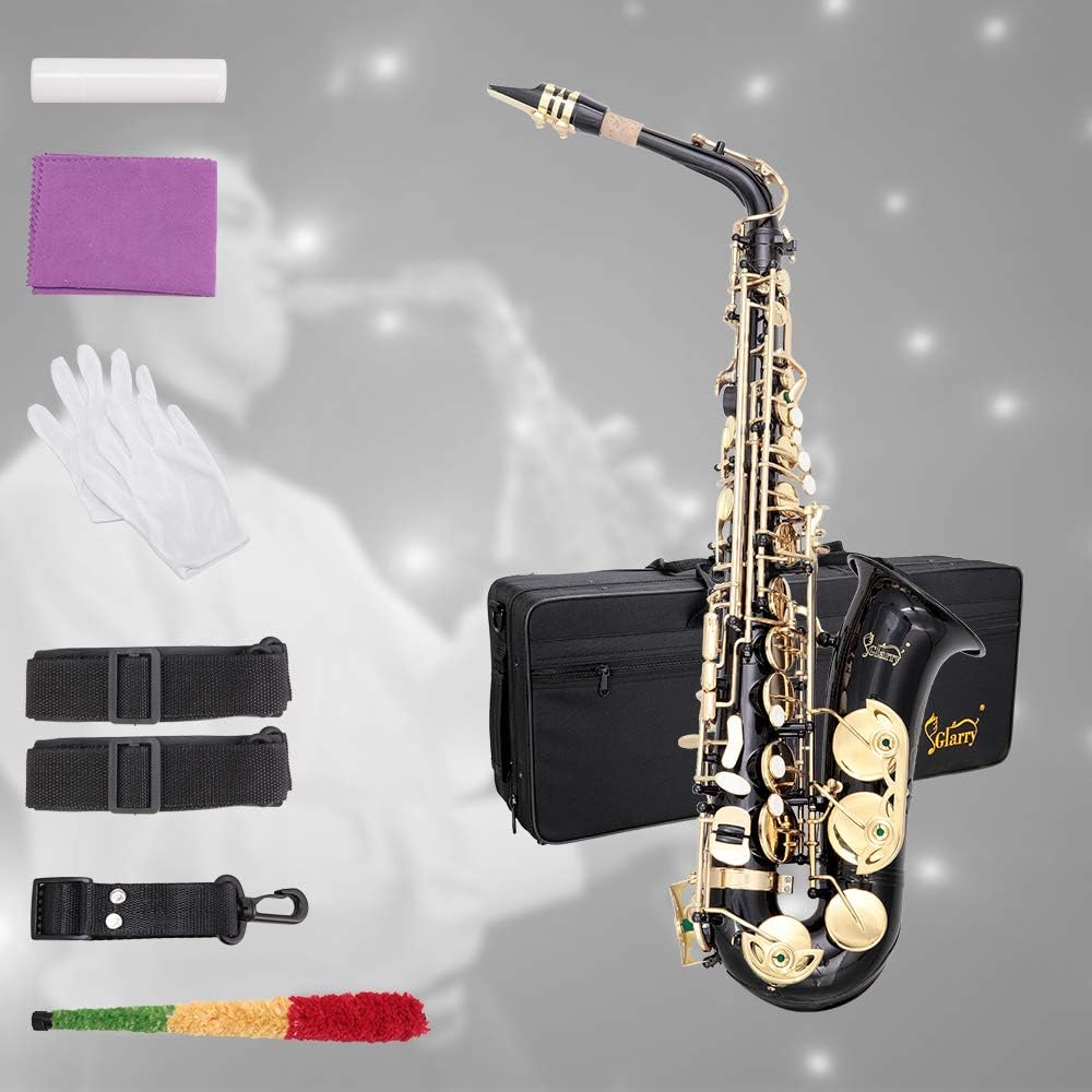 Glarry Student Alto Eb E-flat SAX Saxophone Gold Lacquer SAX Beginners Kit with Case, Reeds，Mouth Piece, Soft Cleaning Cloth and Rod，Gloves (Black)