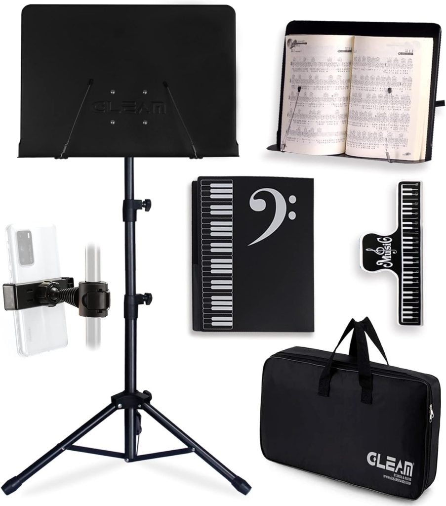 GLEAM Sheet Music Stand - Full Metal with Carrying Bag, Phone Holder, Sheet Music Folder and Clip, 5 in 1 Desktop Book Stand