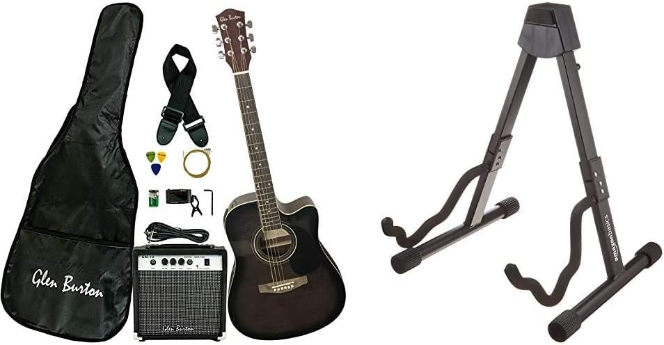 Glen Burton GA204BCO-BK Acoustic Electric Cutaway Guitar, Black  Amazon Basics Guitar Folding A-Frame Stand for Acoustic and Electric Guitars