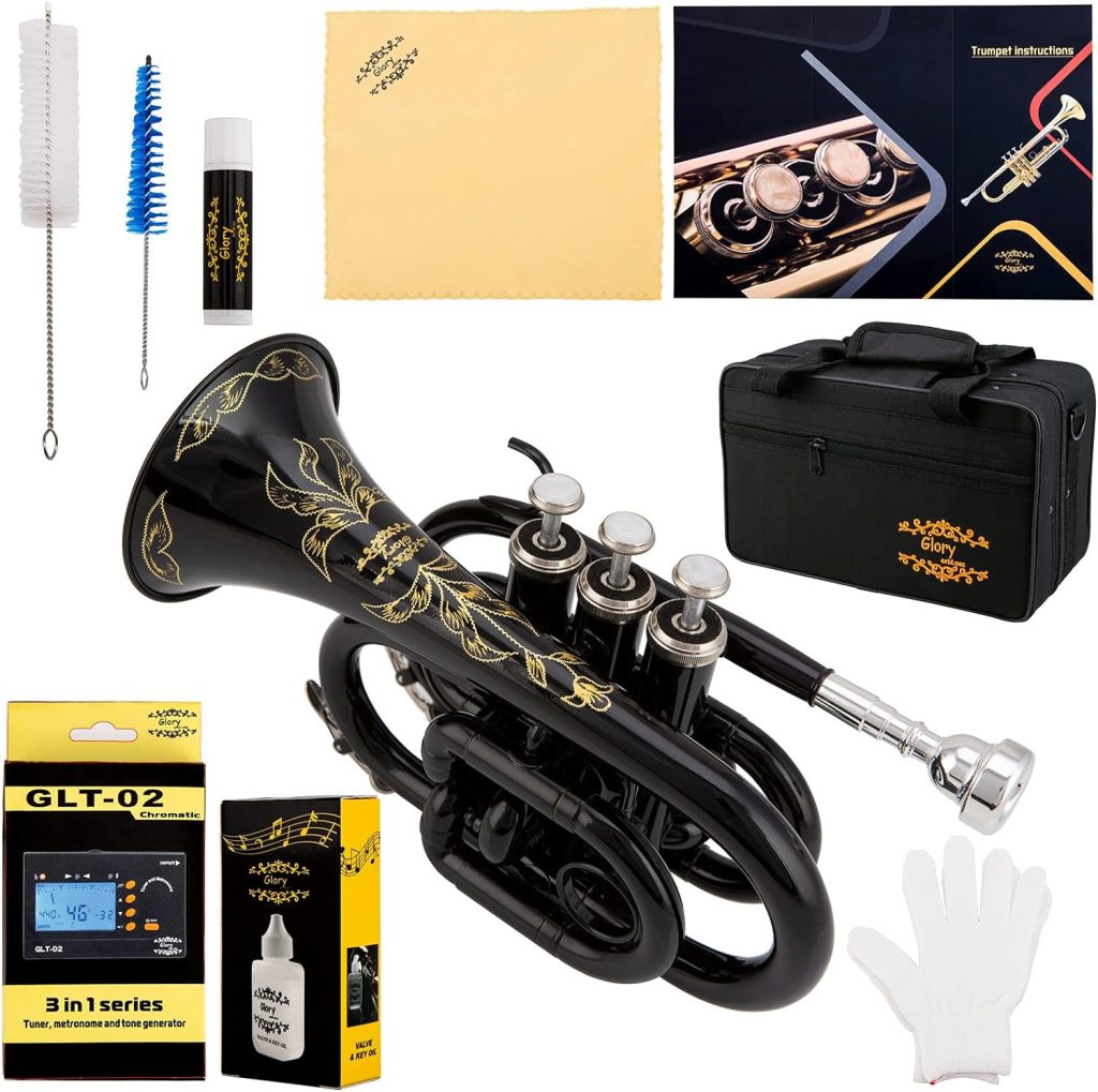 Glory Bb Pocket Trumpet with Case, Tuner, Slide Grease,Cleaning Cloth, Gloves, Black
