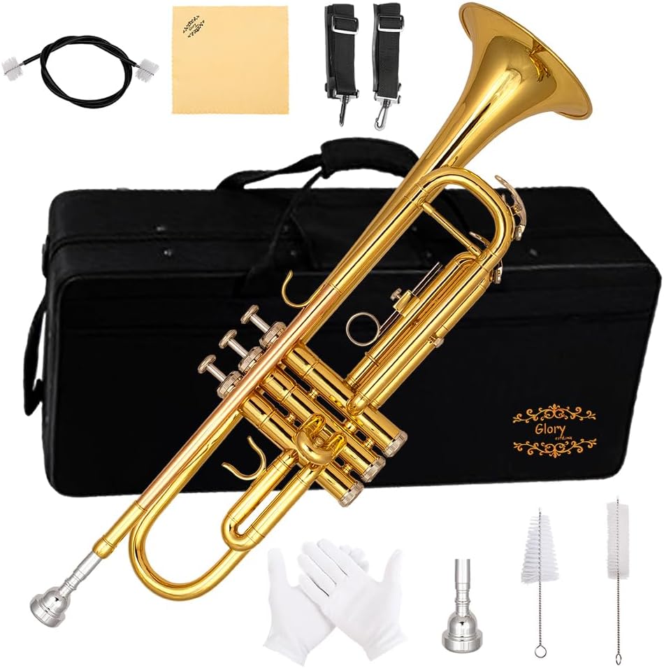 Glory Bb Trumpet - Trumpets for Beginner or Advanced Student with Case, pair of gloves-Gold