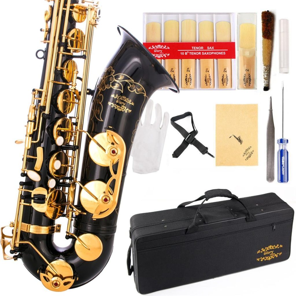 Glory Black/Gold B Flat Tenor Saxophone with Case,10pc Reeds,Mouth Piece,Screw Driver,Nipper. A pair of gloves, Soft Cleaning Cloth