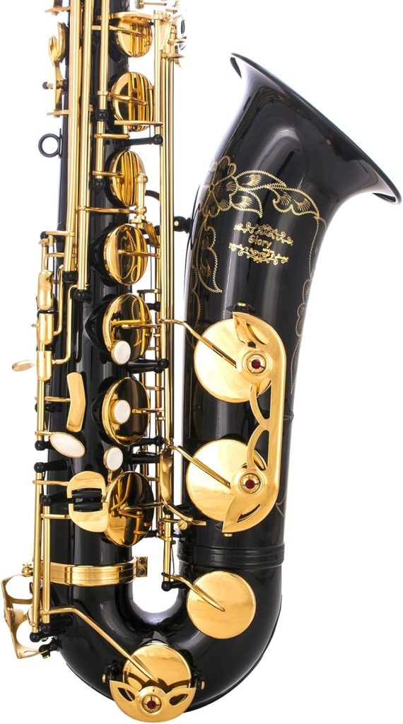 Glory Black/Gold B Flat Tenor Saxophone with Case,10pc Reeds,Mouth Piece,Screw Driver,Nipper. A pair of gloves, Soft Cleaning Cloth