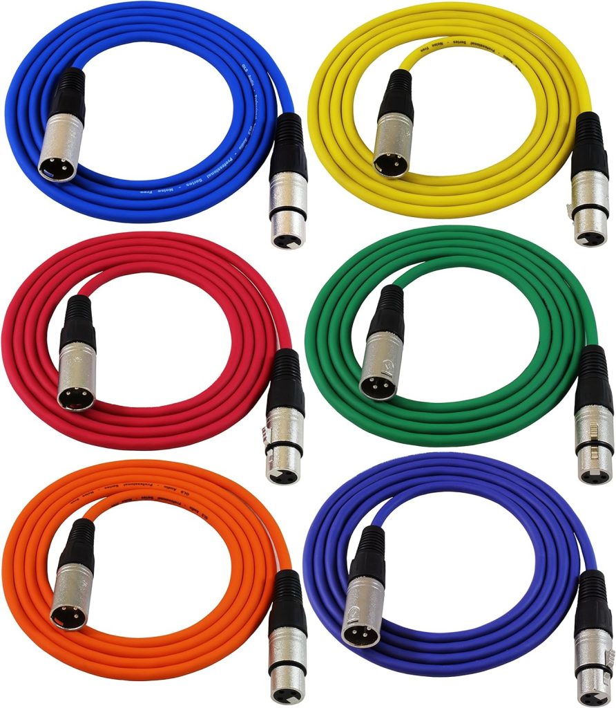 GLS Audio 6ft Patch Cable Cords - XLR Male to XLR Female Color Cables - 6 Balanced Snake Cord - 6 Pack