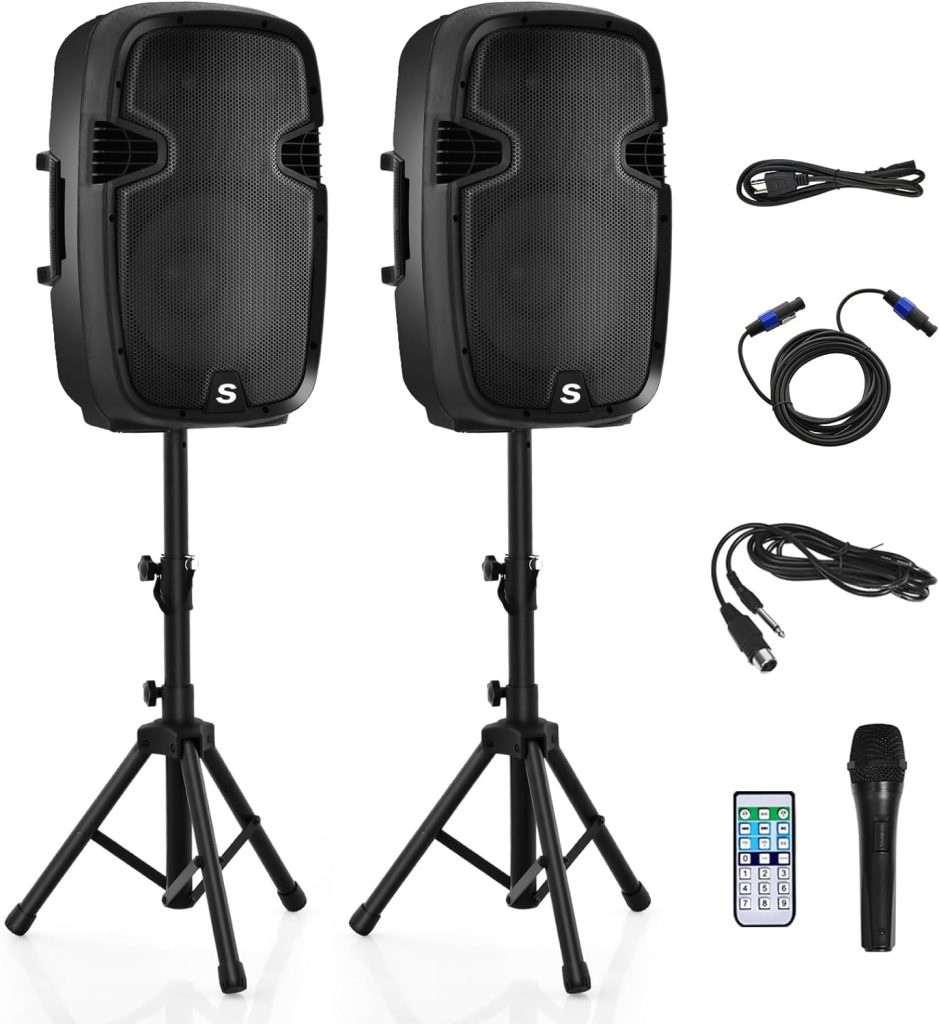 GOFLAME 2000W 2-Way Powered Speakers, 12 Portable Dual Speakers PA System with Bluetooth, USB SD Card, AUX MP3 FM Radio, Microphone, 2 Tripod Stands, Remote and Cables, Indoor and Outdoor Use