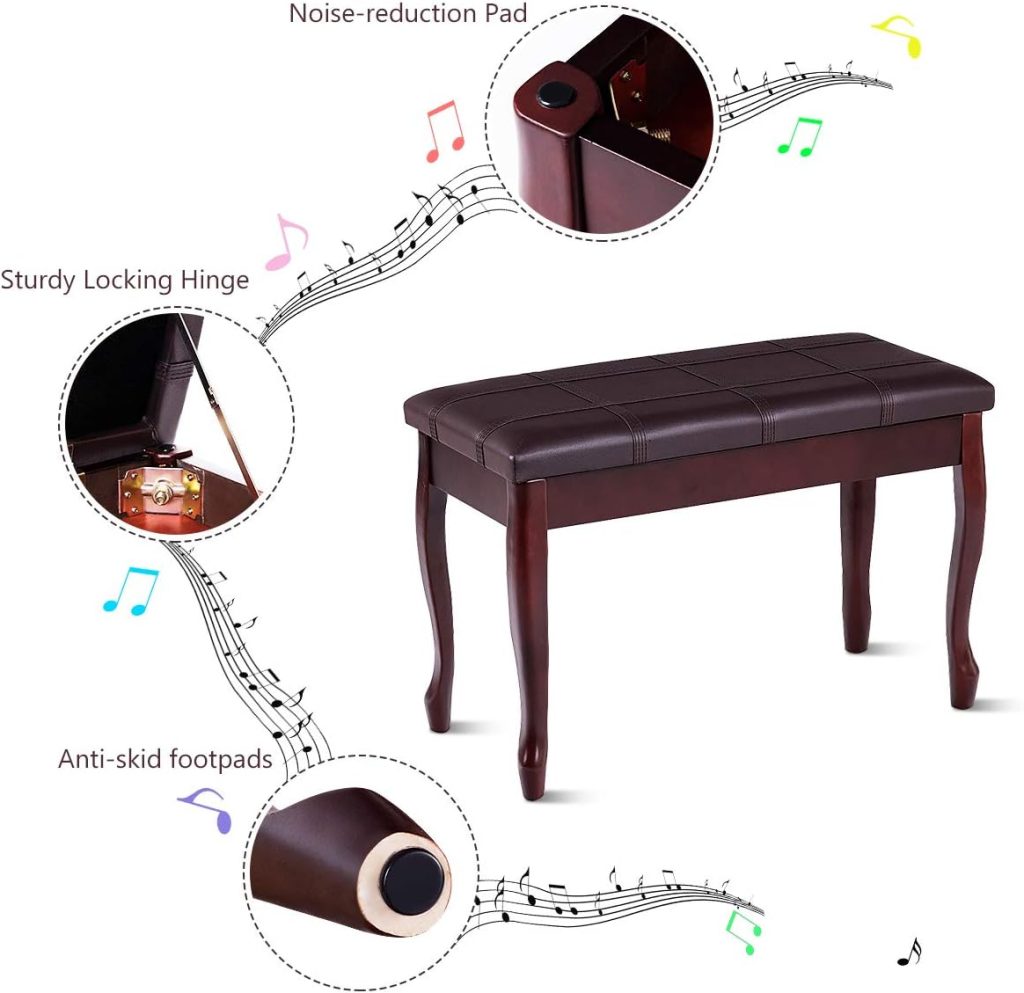 GOFLAME Piano Bench Stool with Padded Cushion and Music Storage, Heavy Duty Piano Duet Seat with PU Leather Padded Seat and Solid Wooden Legs, Perfect for Home Use (Black)