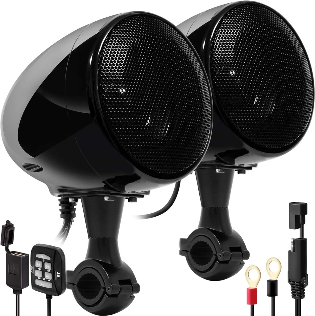 GoHawk AN4 Gen.3 All-in-One Built-in Amplifier 4 Full Range Waterproof Bluetooth Motorcycle Stereo Speakers Audio Amp System w/AUX for 1 to 1-1/4 Bar Harley ATV RZR UTV 4 Wheeler (AN4 Black)