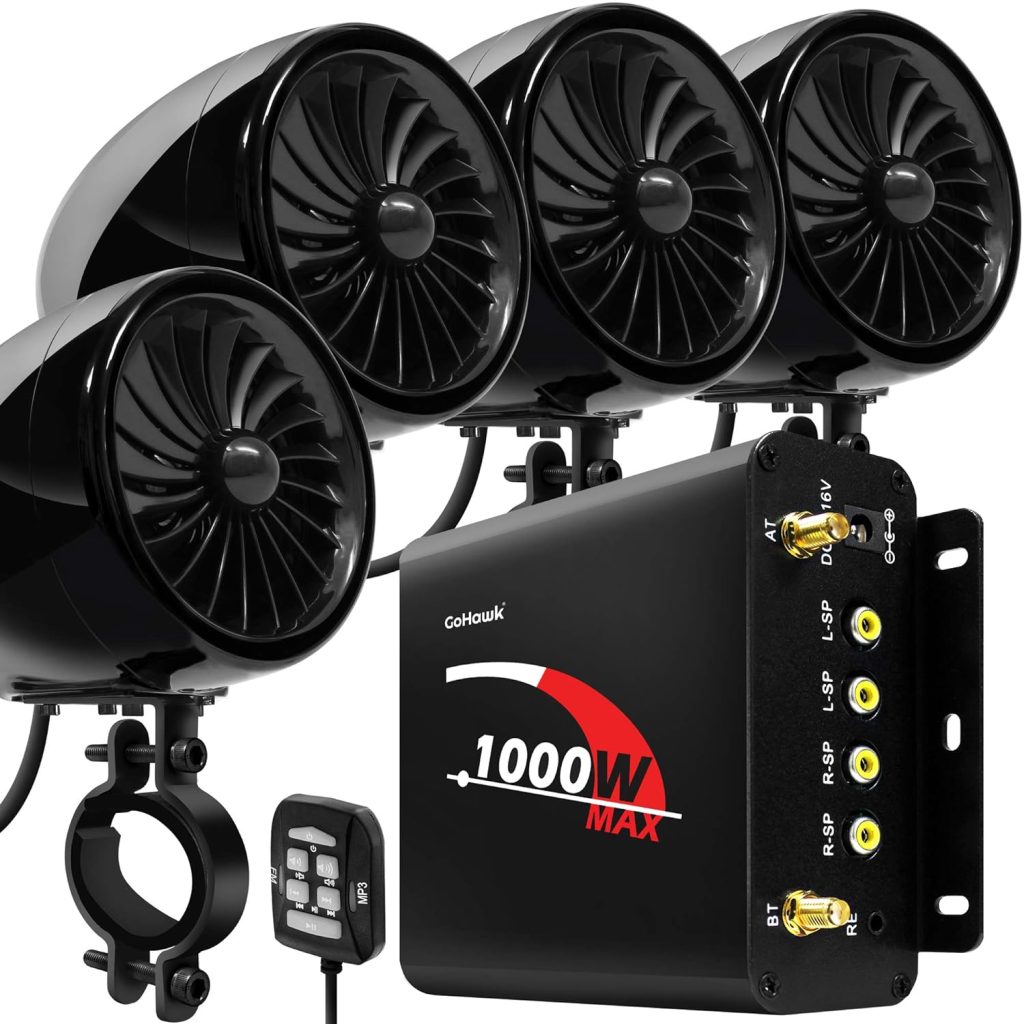 GoHawk TJ4-Q 1000W 4 Channel Amplifier 4 Full Range Waterproof Bluetooth Motorcycle Stereo Speakers Audio System AUX USB SD Radio for 1-1.5 Handlebar Harley Touring Cruiser ATV