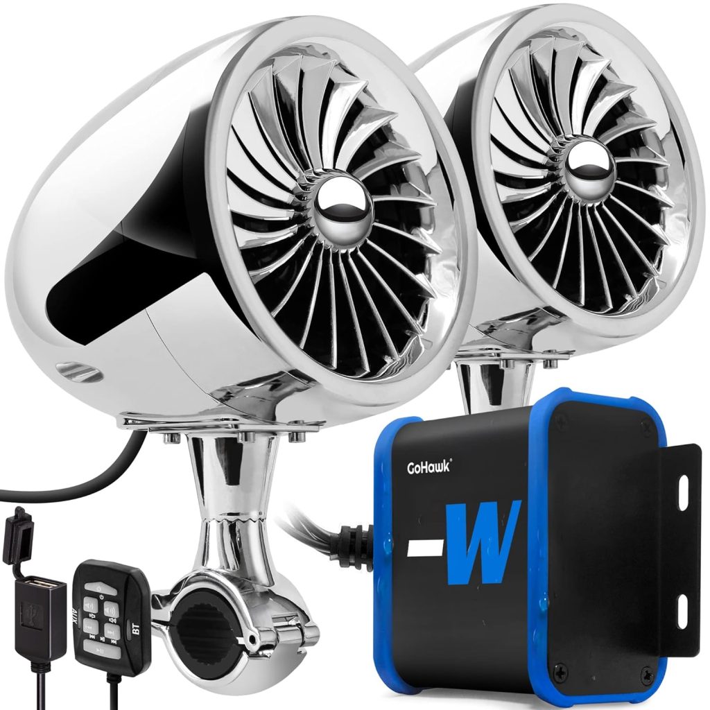 GoHawk TJ4-W Waterproof Amplifier 4 Full Range Bluetooth Motorcycle Stereo Speakers 1 to 1.25 in. Handlebar Mount Audio Amp System Harley Touring Cruiser ATV 4-Wheeler, USB, AUX, FM Radio