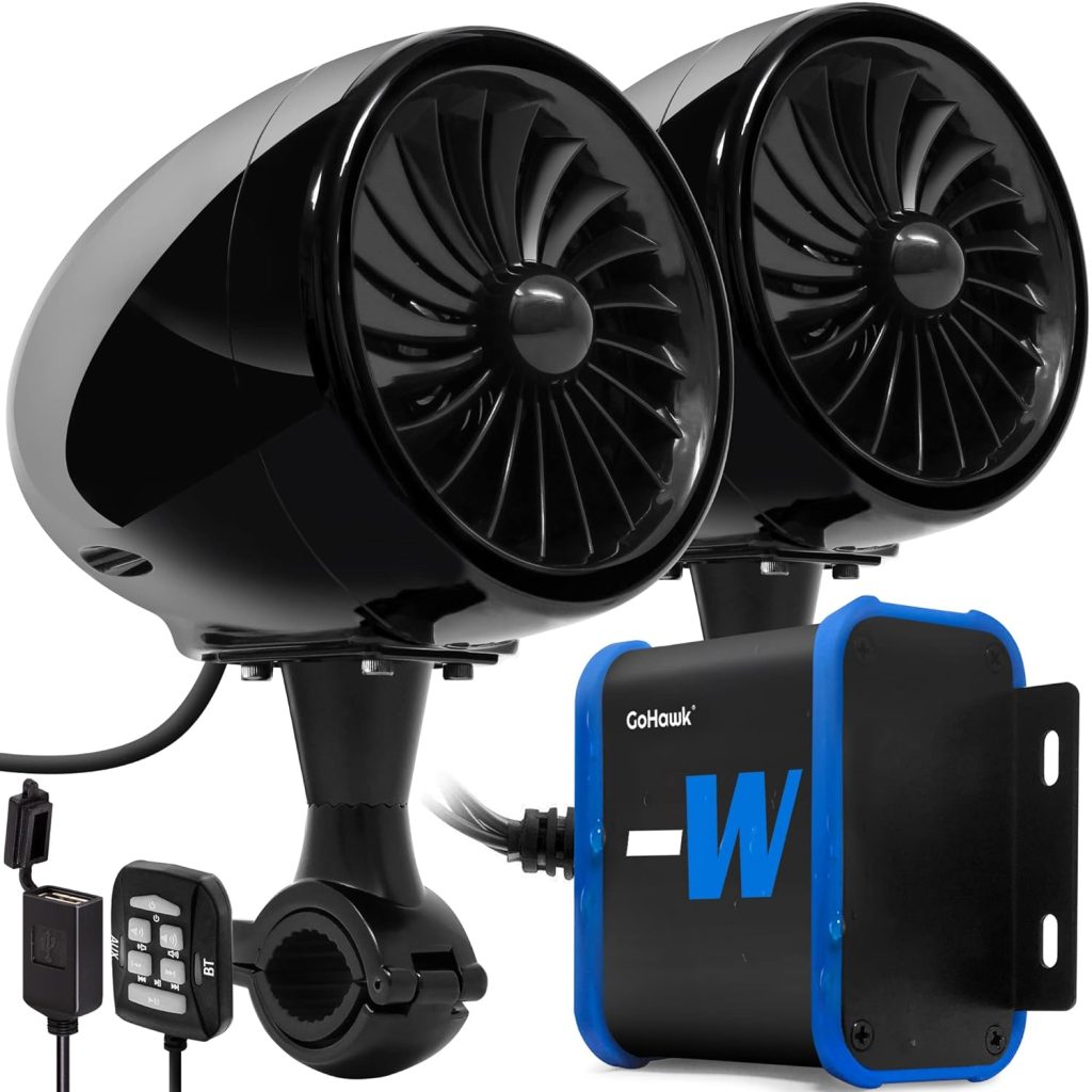 GoHawk TJ4-W Waterproof Amplifier 4 Full Range Bluetooth Motorcycle Stereo Speakers 1 to 1.25 in. Handlebar Mount Audio Amp System Harley Touring Cruiser ATV 4-Wheeler, USB, AUX, FM Radio