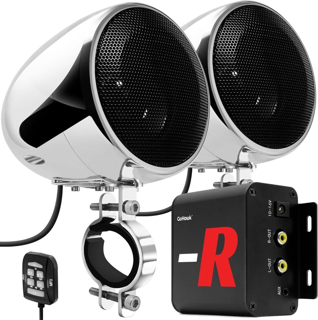 GoHawk TN4-R Amplifier 4 Full Range Waterproof Bluetooth Motorcycle Stereo Speakers 1 to 1.5 in. Handlebar Mount Audio Amp System Harley Touring Cruiser ATV UTV RZR, AUX, FM Radio (TN4-R Chrome)