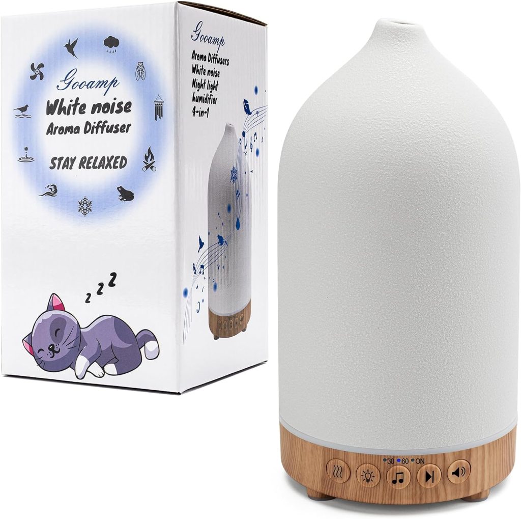 Gooamp 200ML White Noise Ceramic Diffuser,Sleep Sound Machine with 20 Natural Soothing Sounds, 7 Color Lights,Essential Oil Diffuser, Timer for Baby, Kids, Adults, Office, Home(Wood Grain)