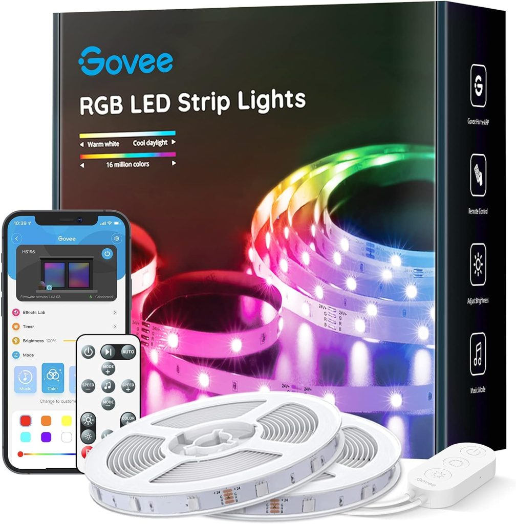 Govee Bluetooth LED Strip Lights, 65.6ft RGB LED Light Strip, App and Remote Control Color Changing Lights with 64 Scene Modes and Music Sync for Bedroom, Room, Kitchen, Party (2 Rolls of 32.8ft)