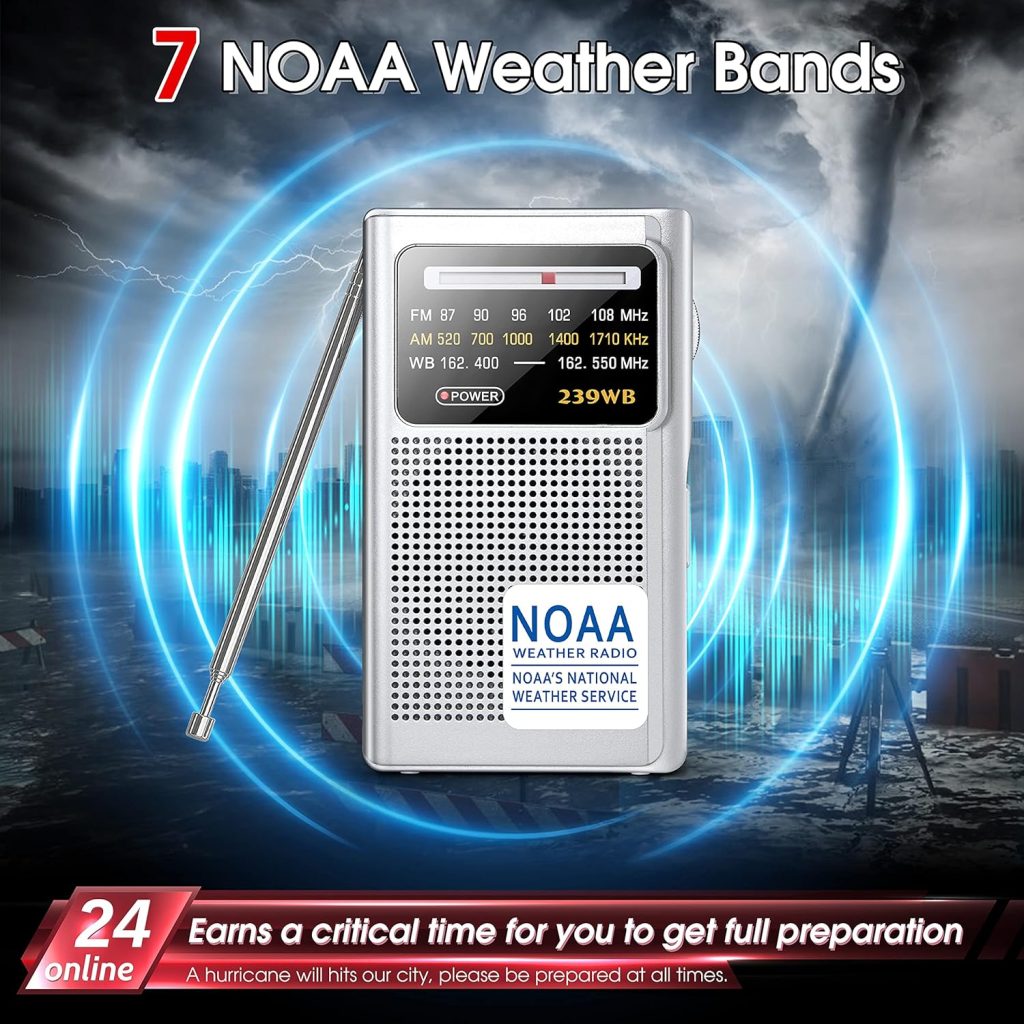 Greadio NOAA Weather Radio, AM/FM Battery Operated Transistor Portable Radio with Best Reception,Stereo Earphone Jack,Powered by 2 AA Battery for Emergency,Hurricane,Running, Walking,Home (Silver)