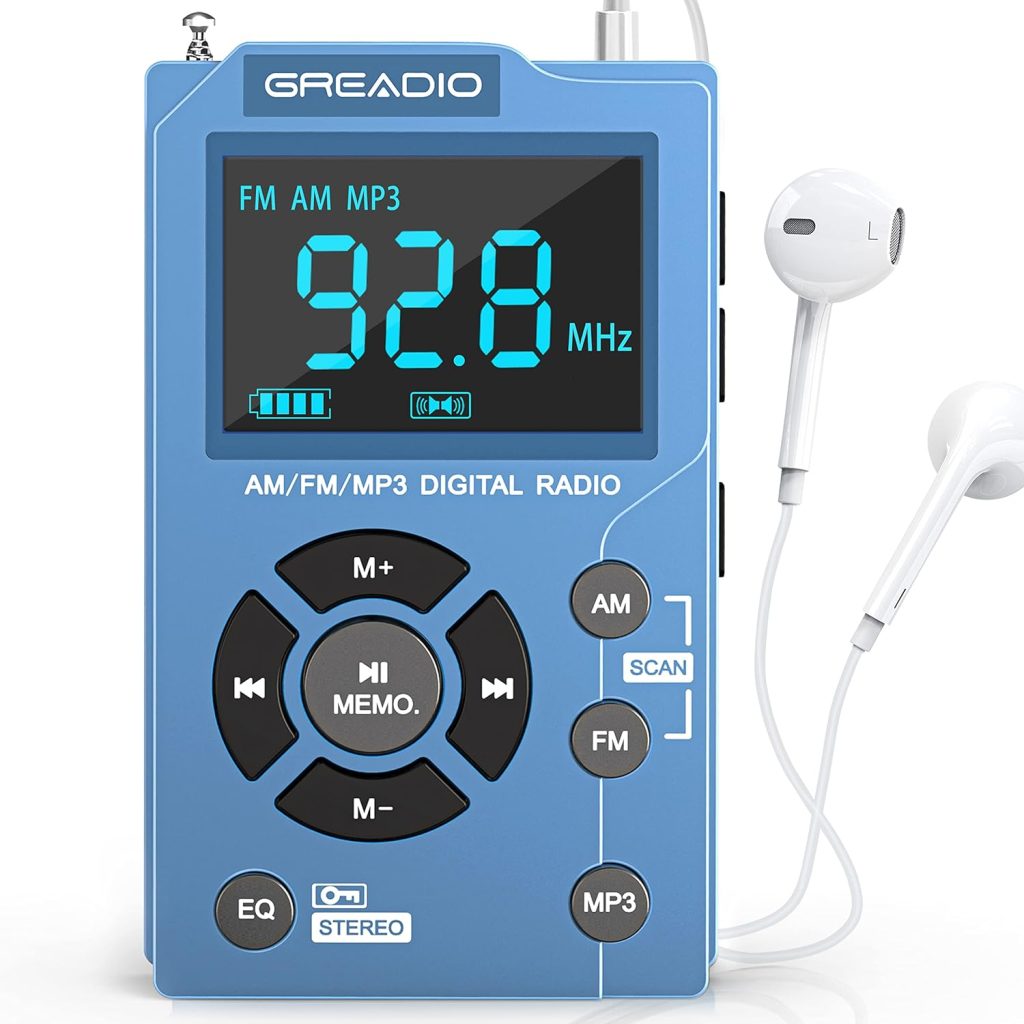 Greadio Portable AM FM Radio with MP3 Player, Best Reception Pocket Radio, Large LCD Screen and Easy to Use, 6 EQ Stereo Earphone Jack Walkman Radio, for Jogging, Walking, Camping AM FM Radio