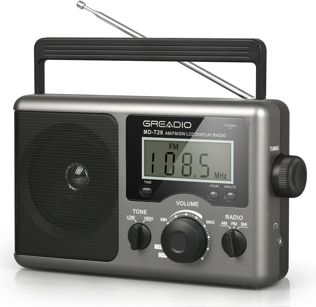 Greadio Portable Shortwave Radio with Best Reception,AM FM Transistor,LCD Display,Time Setting,Battery Operated by 4 D Cell Batteries or AC Power,Big Speaker,Earphone Jack for Gift,Elder,Home