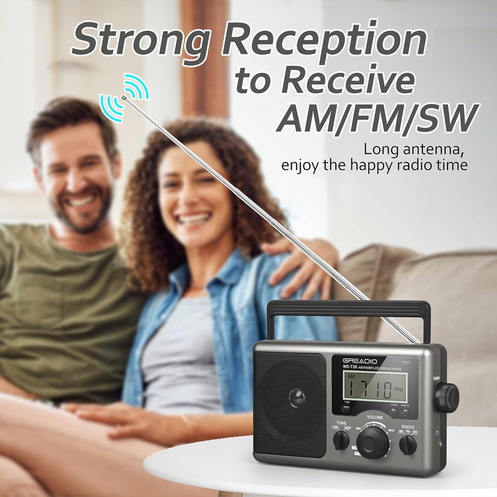 Greadio Portable Shortwave Radio with Best Reception,AM FM Transistor,LCD Display,Time Setting,Battery Operated by 4 D Cell Batteries or AC Power,Big Speaker,Earphone Jack for Gift,Elder,Home