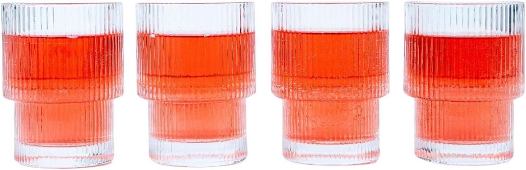Greenline Goods Ribbed Ripple Art Deco Glassware Set of 4-6.5 oz Origami Style Stackable Fluted Glasses - Unique Vintage Kitchen Cups For Weddings, Cocktails Or Modern Bar Retro Drinking