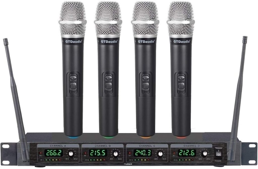 GTD Audio 4 Handheld Wireless Microphone Cordless mics System, Ideal for Church, Karaoke, Dj Party, Range up to 300 ft,