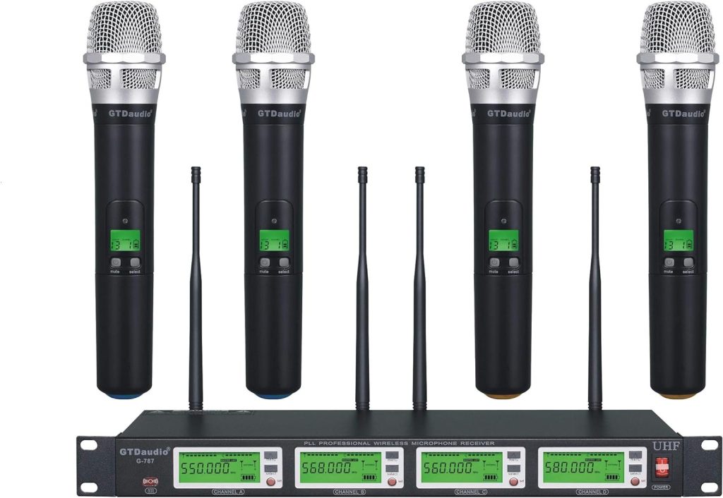 GTD Audio 4x800 Adjustable Channels UHF Diversity Wireless Cordless Handheld Microphone Mic System Ideal for Church, Karaoke, Dj Party, Range 450ft (4 Handheld Mics)