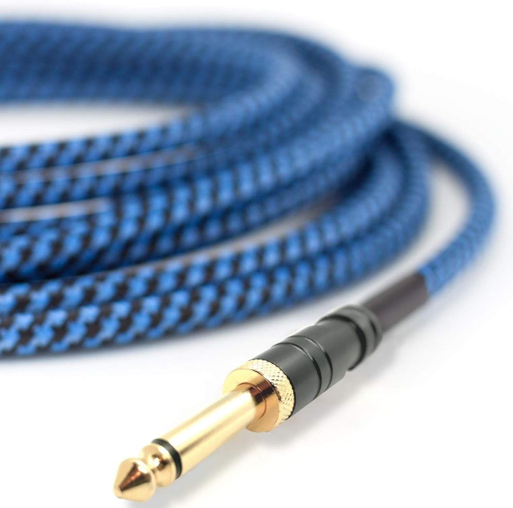 Guitar Cable 10 ft - 1/4 Inch Right Angle Blue Instrument Cable - Professional Quality Electric Guitar Cord and Amp Cable - Low Noise Bass and Guitar Lead - Reliable Cords for a Clean Clear Tone