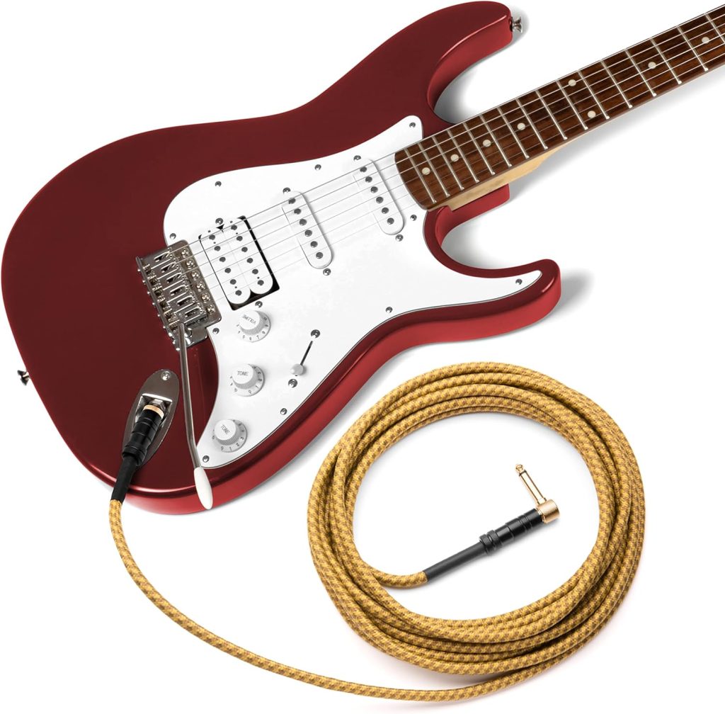 Guitar Cable 10 ft - 1/4 Inch Right Angle Red Instrument Cable - Professional Quality Electric Guitar Cord and Amp Cable - Low Noise Bass and Guitar Lead - Reliable Cords for a Clean Clear Tone