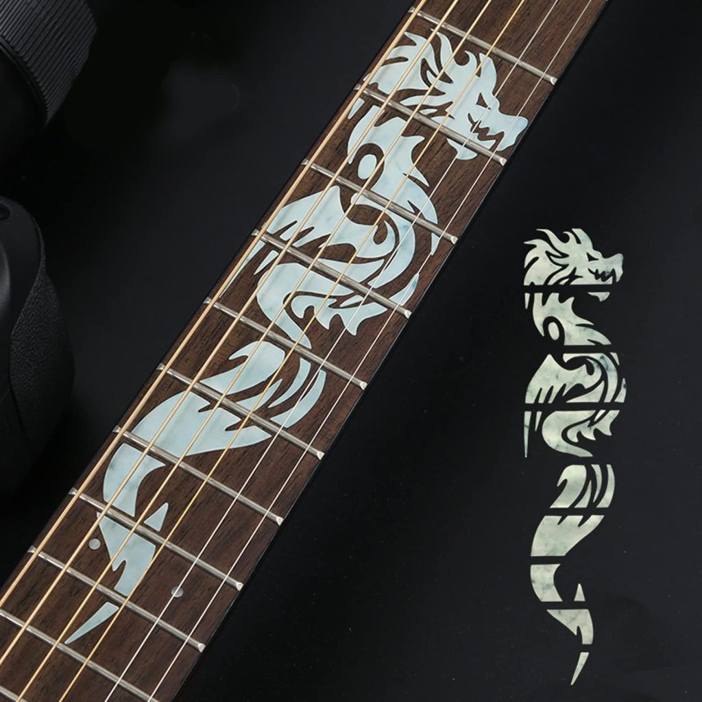 Guitar Neck Fretboard Sticker, Fret Inlay Decal for Ukulele, Music Guitar, Bass, Acoustic Guitar, Electric Guitar, Silver Thin (Dragon)