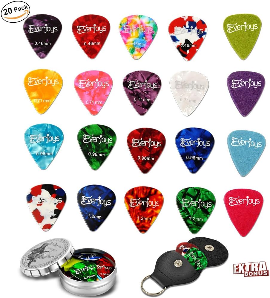 Guitar Picks - 20Pack Celluloid and Felt Picks for Guitar Bass Ukulele Includes Thin, Medium, Heavy  Extra Heavy Gauges with Leather Pick Holder  Tin Box