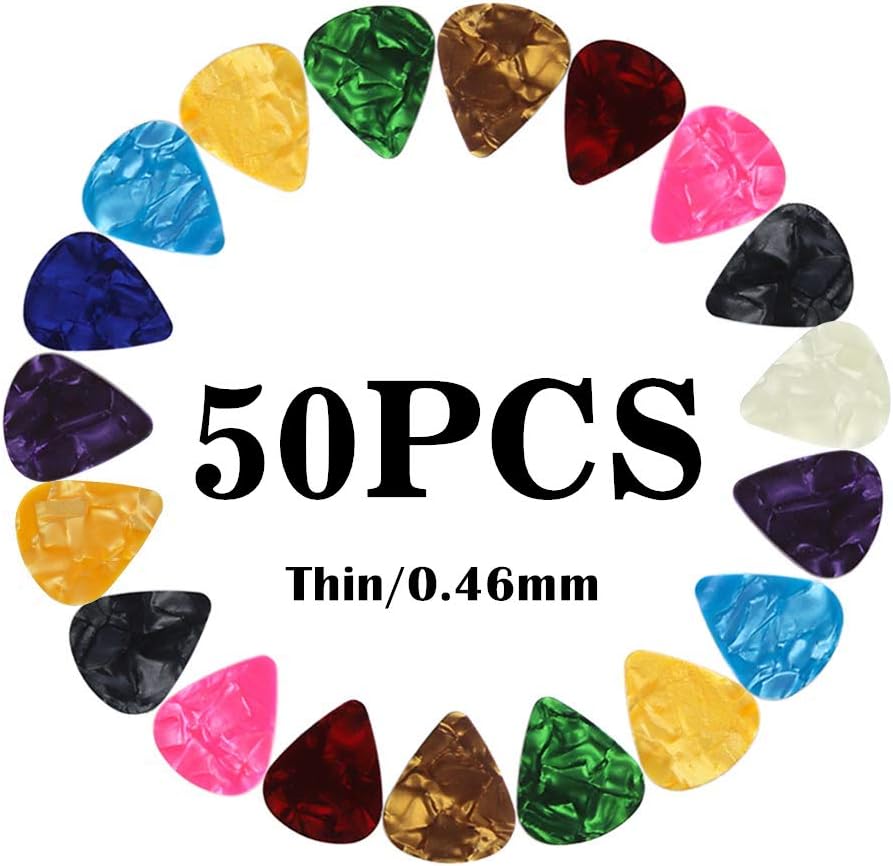 Guitar Picks Thin Light Soft Gauge Assorted Pearl Variety Sampler Pack Celluloid - 50 Pcs Mixed Colorful - Plectrums for Gift Acoustic Guitar, Bass and Electric Guitar - 0.46mm