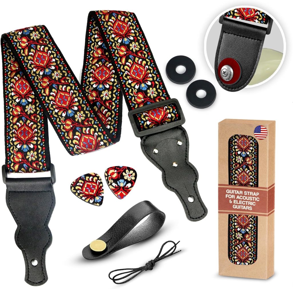 Guitar Strap For Acoustic Guitars , Electric Guitars and Bass , Red Vintage Woven Embroidered Adjustable Strap Includes 2 Strap Locks To Keep Your Guitar Safe  2 Unique Picks and Pick Pocket