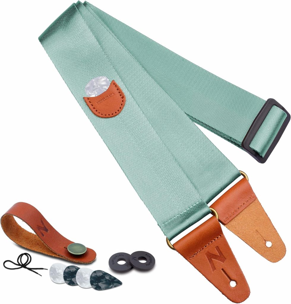 Guitar Strap with Pick Pocket, Vintage Nylon Full Grain Leather Ends Guitar Straps for Bass, Electric  Acoustic Guitar, Come with Free Strap Button, 1 Pair Strap Locks and 4 Guitar Picks (Light Green)