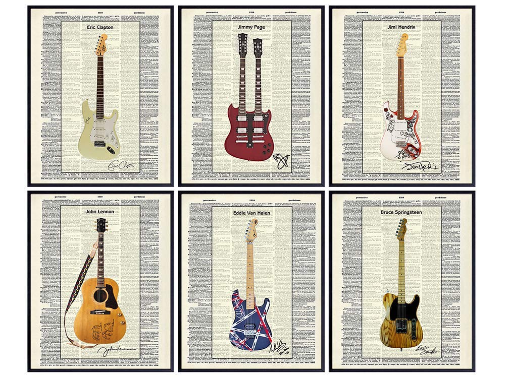 Guitar Wall Decor Poster Set - Musician Gifts for Jimi Hendrix, Eddie Van Halen, John Lennon, Jimmy Page, Eric Clapton, Music Fans - Home Decor, Wall Art, Print Set - 8x10
