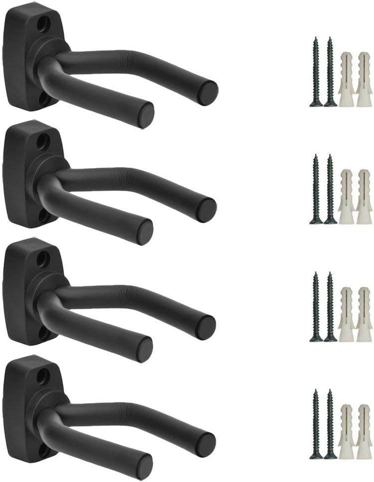 Guitar Wall Mount Hanger 4 Pack Black Guitar Hanger Wall Hook Holder Stand Display with Screws - Easy to Install - Fits Guitars, Bass, Mandolin, Banjo, Ukulele