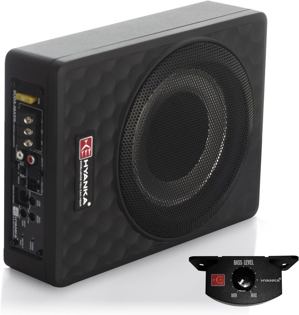 H YANKA 400W 8 Inch Powered Underseat Subwoofer Car Audio, Slim and Compact Design Car/Truck Active Subwoofer with Built-in Amp, Car Subwoofer with Amplifier Package