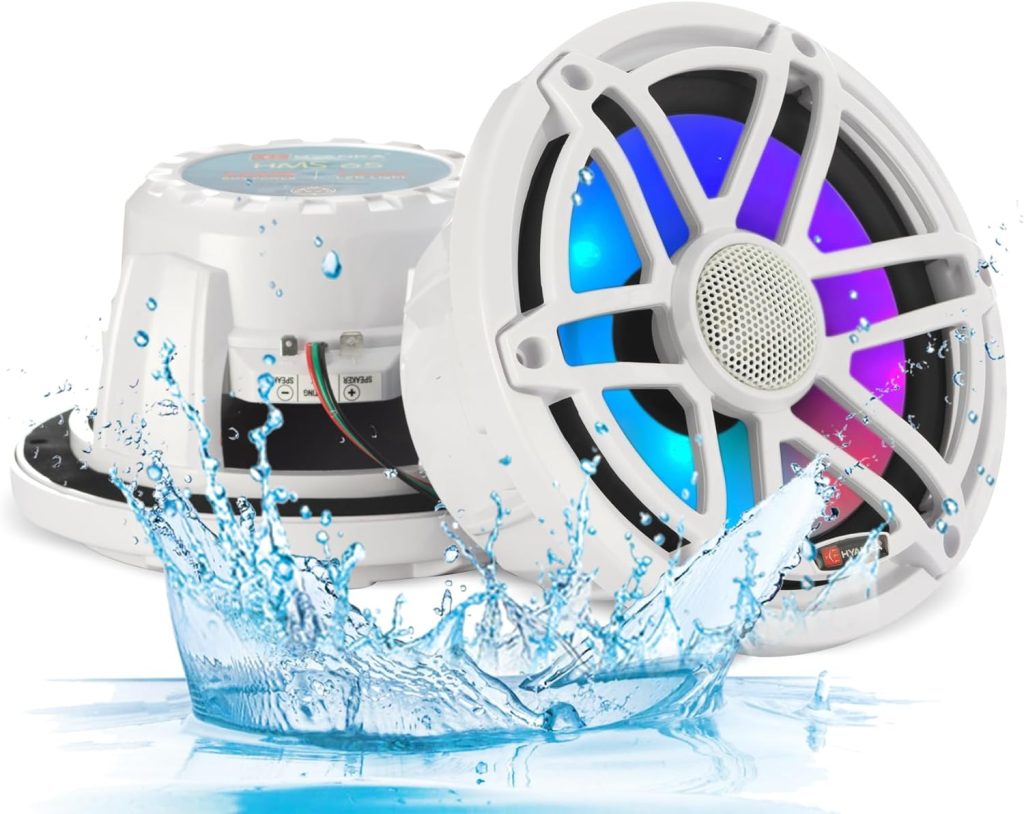 H YANKA 6.5 Marine Speakers - Powerful 300W 2-Way IP67 Waterproof Marine Stereo System with LED Lights, Full Range Sound, Professional Boat Speakers, No Distortion, Y35 Magnet Woofer - 1 Pair (White)