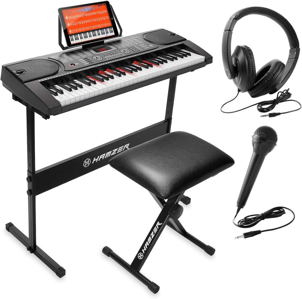 Hamzer 61-Key Electronic Keyboard Portable Digital Music Piano with Lighted Keys, H-Stand, Stool, Headphones, Microphone,  Sticker Set