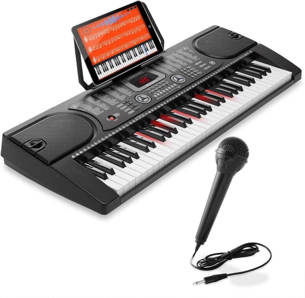 Hamzer 61-Key Electronic Keyboard Portable Digital Music Piano with Lighted Keys, Microphone  Sticker Set
