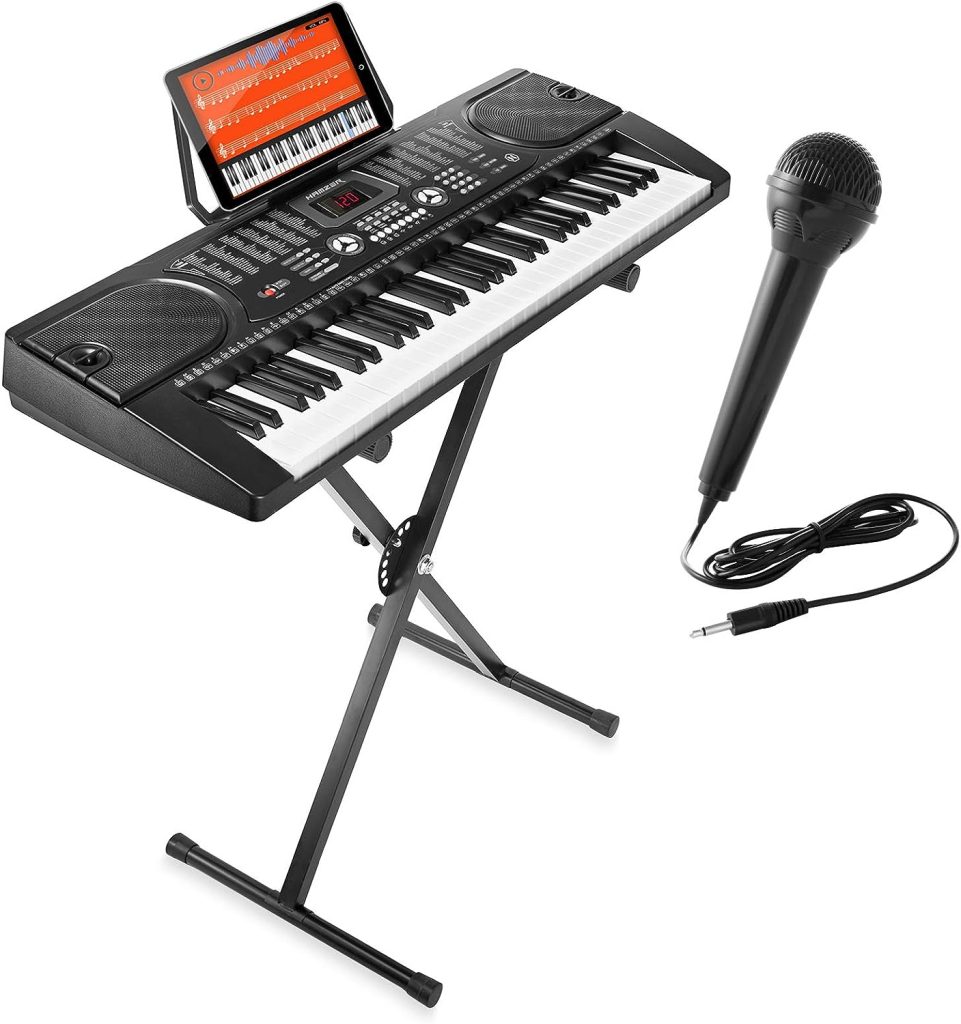 Hamzer 61-Key Electronic Piano Electric Organ Music Keyboard with Stand, Microphone,  Sticker Sheet - Black